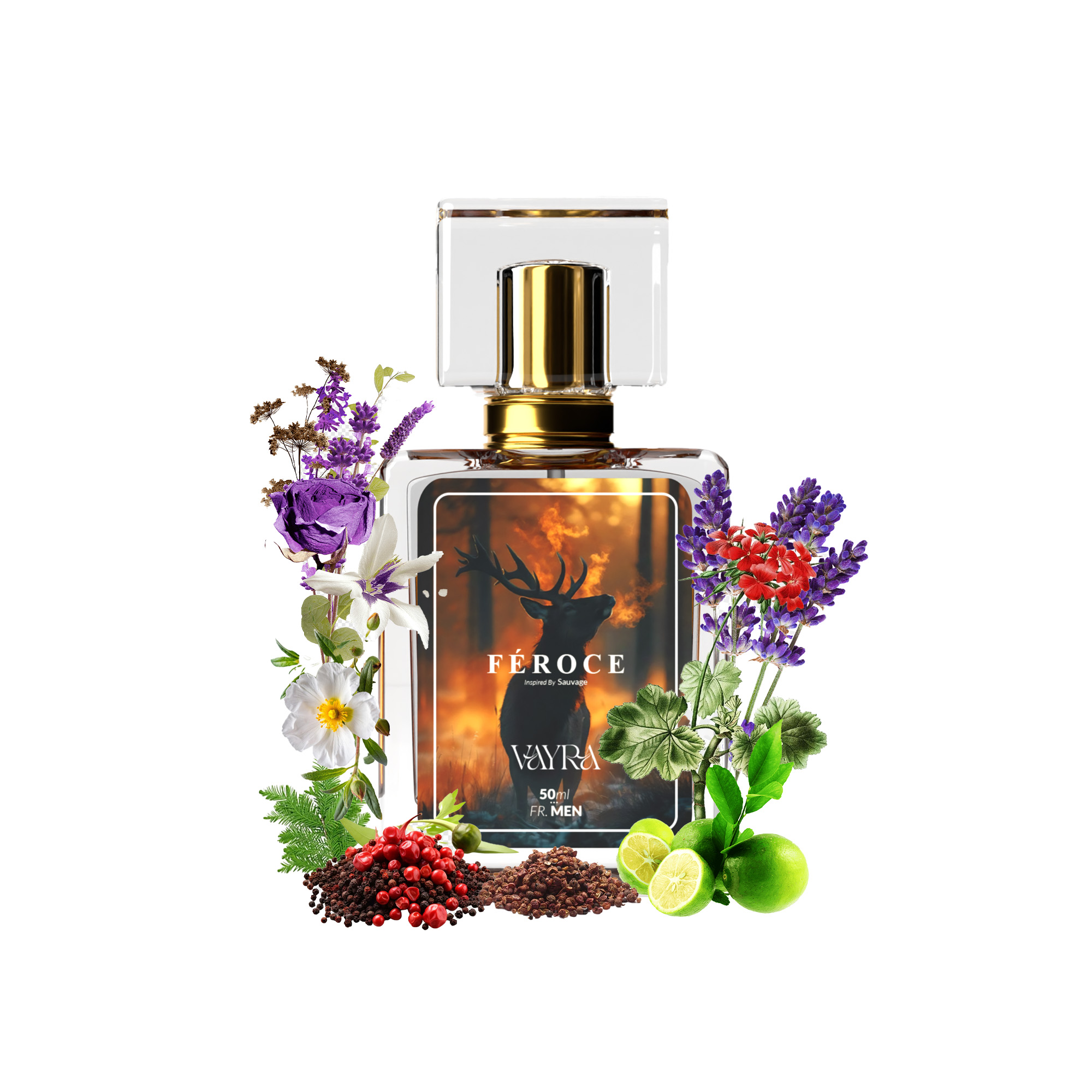 Top Notes: Bergamot, Pink Pepper, Calabrian Pepper (Bold magnetic opening). Heart Notes: Sichuan Pepper, Lavender, Star Anise, Nutmeg (Spicy adventurous heart).