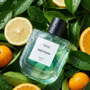 Vayra Deep Ocean glass bottle resting on a bed of fresh citrus leaves and sliced oranges; best fragrance in Pakistan.