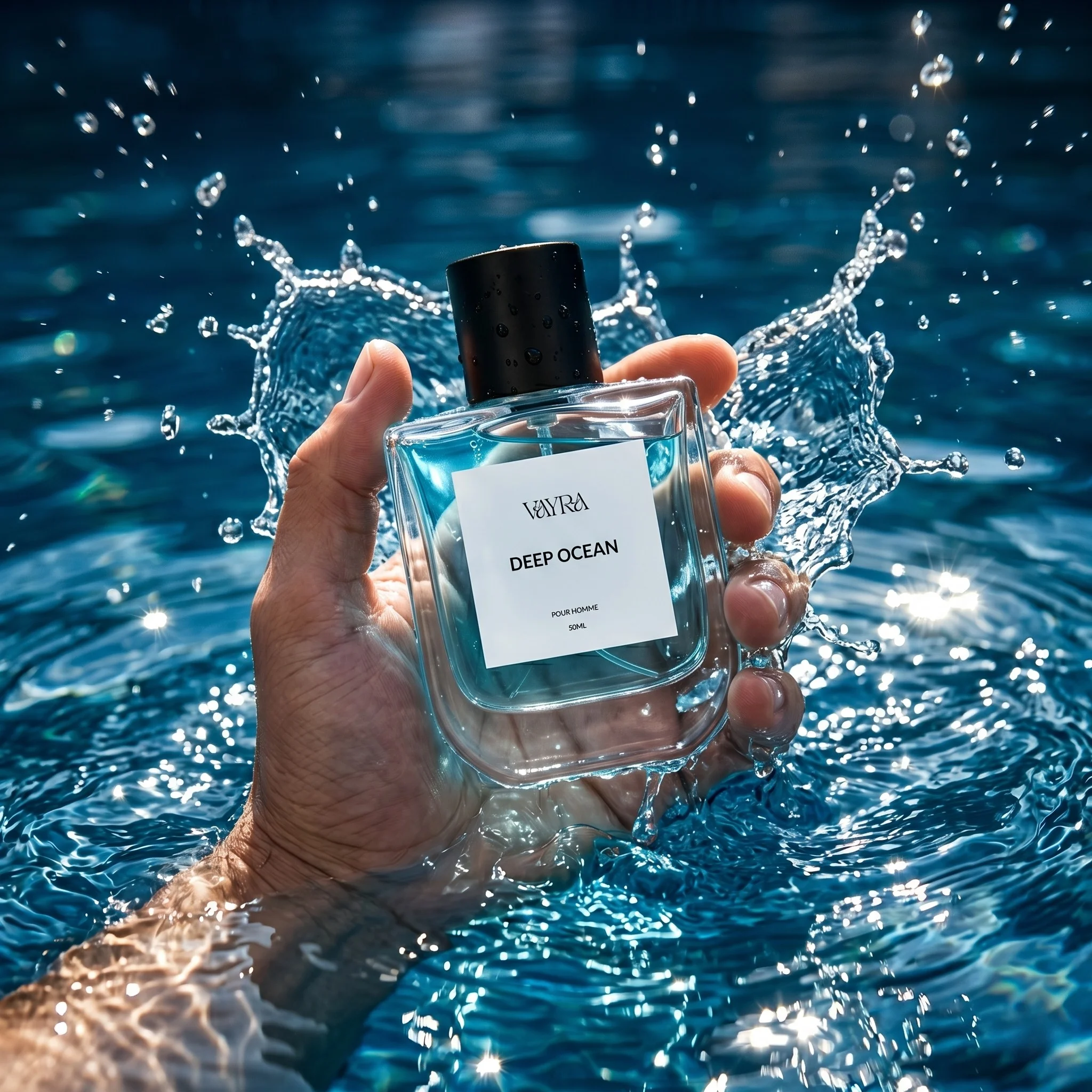 Male hand holding Vayra Deep Ocean bottle amidst a high-speed water splash; best fragrance in Pakistan.