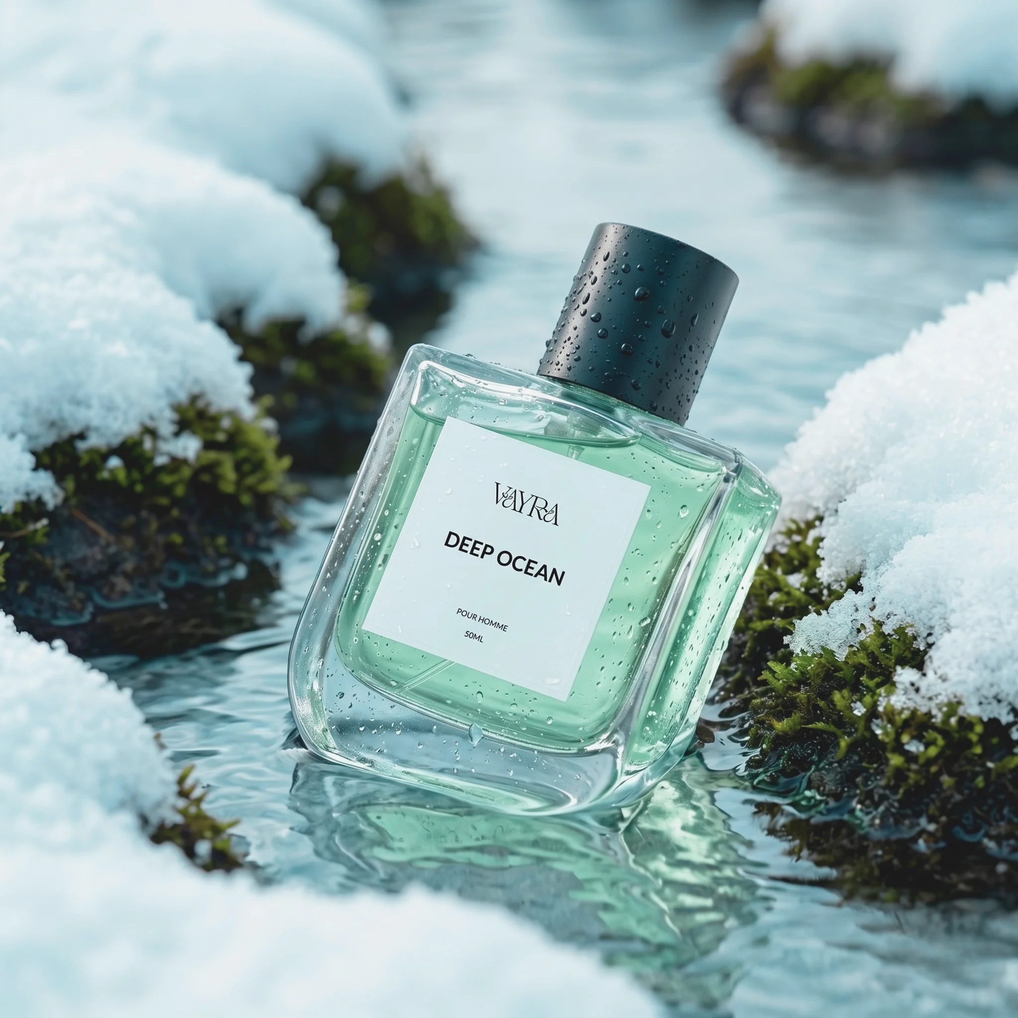 Vayra Deep Ocean glass bottle submerged in a cold snowy stream; best fragrance in Pakistan for men.