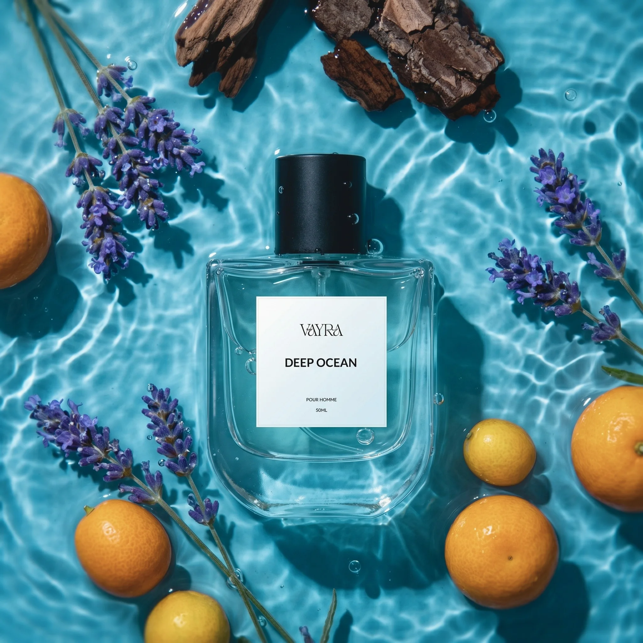 Vayra Deep Ocean bottle surrounded by lemons, oranges, and lavender sprigs; best fragrance in Pakistan.