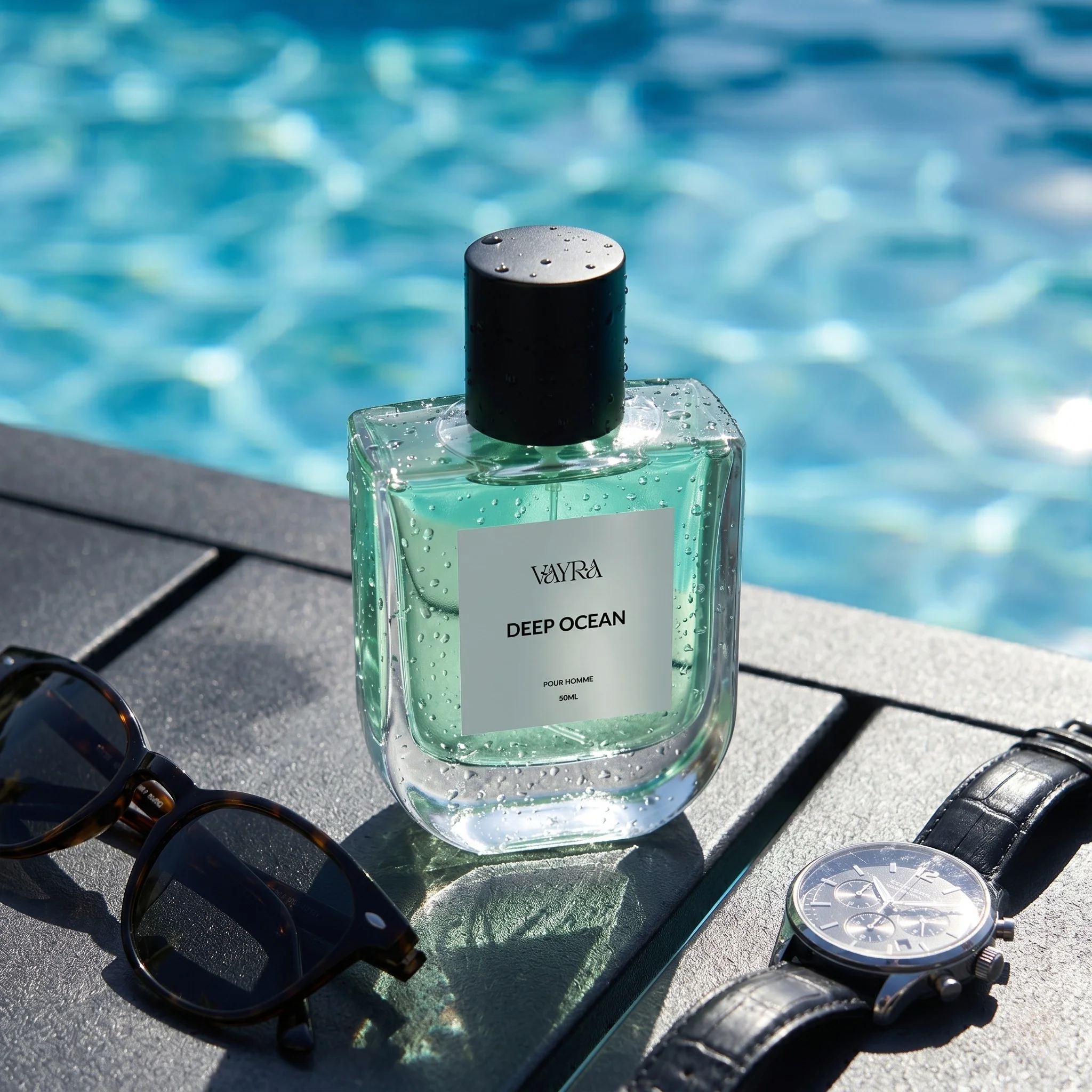 Vayra Deep Ocean bottle by a swimming pool with sunglasses and a watch; best fragrance in Pakistan.
