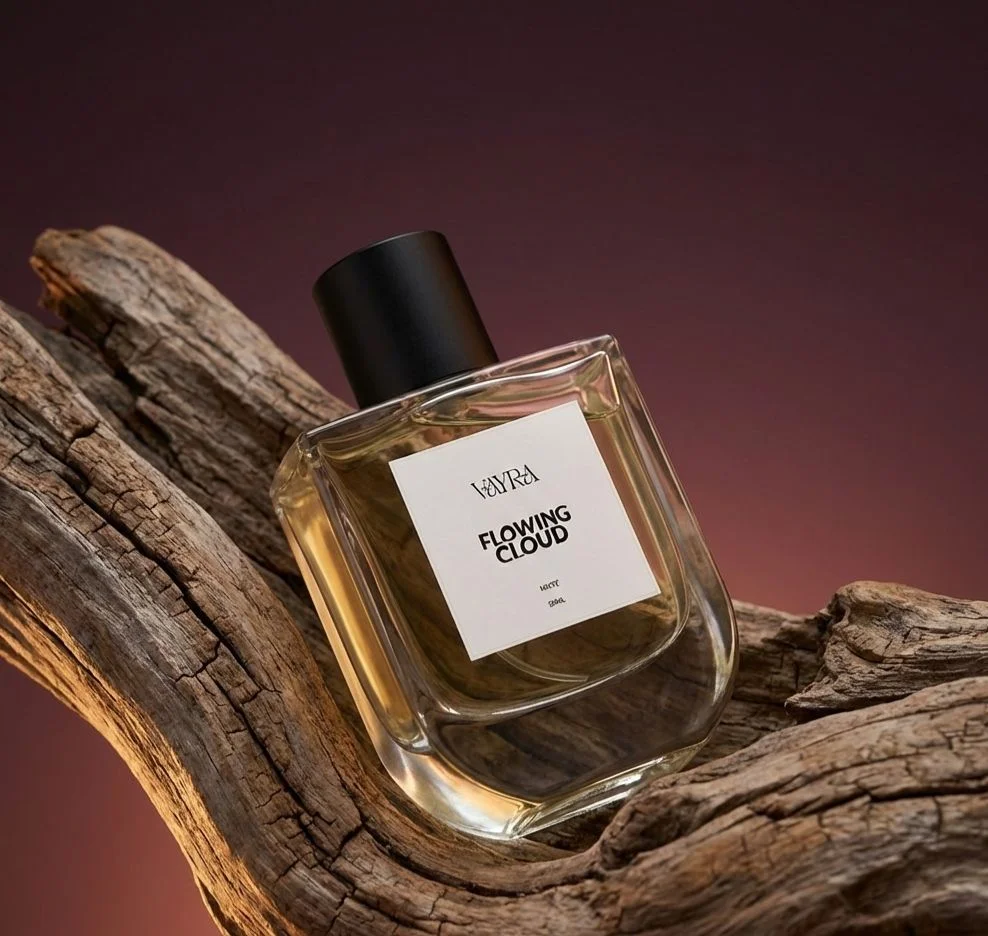 Vayra Flowing Cloud perfume bottle leaning against weathered driftwood; best fragrance in Pakistan with golden liquid visible