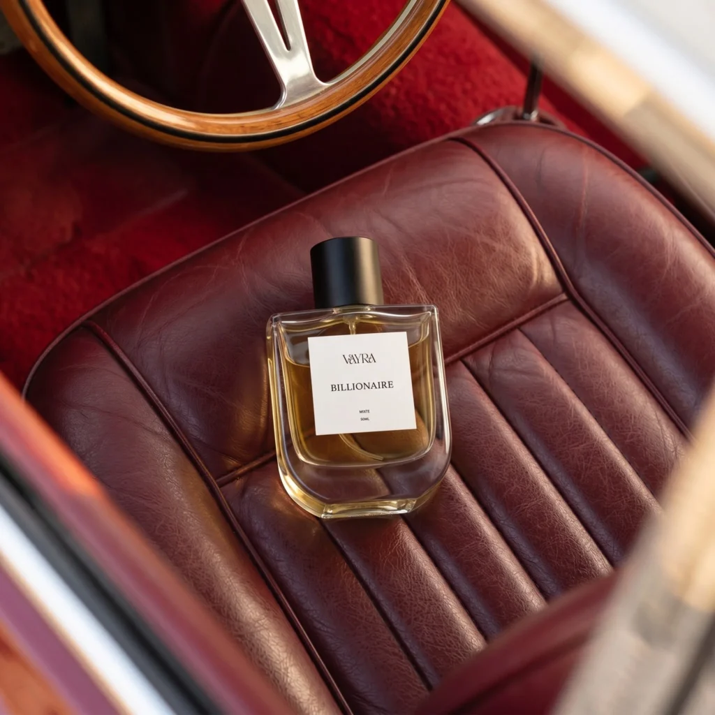 Vayra Billionaire bottle resting on a burgundy leather car seat; best fragrance in Pakistan lifestyle shot.