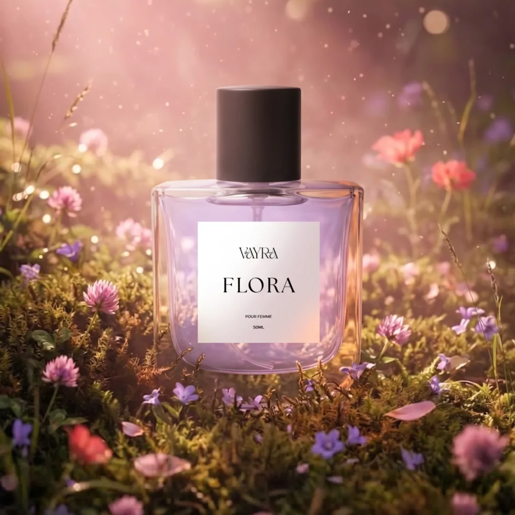 Sweet Flora by Vayrapk perfume bottle with pink liquid on stone surrounded by rose petals; best fragrance in Pakistan.