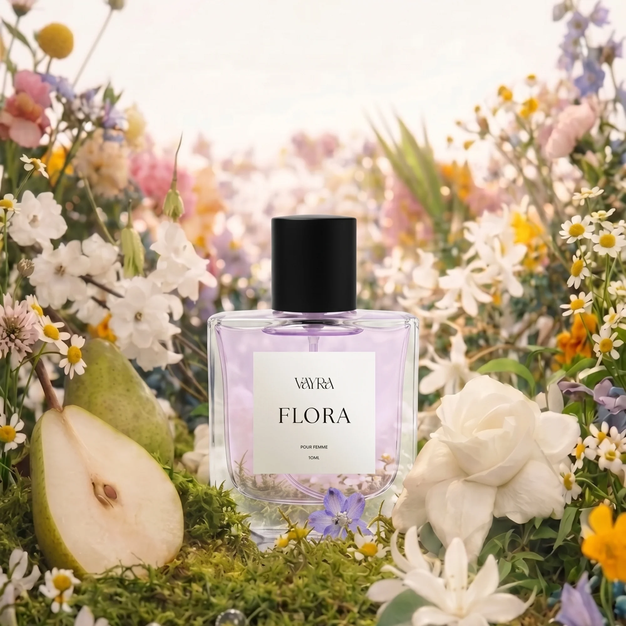 Flora by Vayrapk clear glass perfume bottle with light pink liquid among fresh peonies; best fragrance in Pakistan.